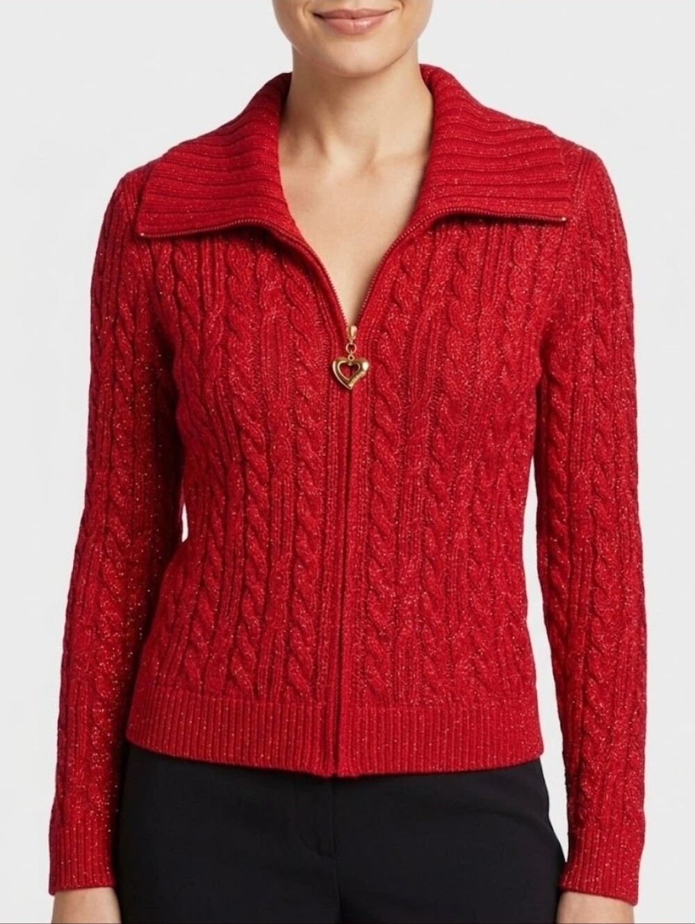 St John Red Metallic Cable Knit Cardigan Gold Heart